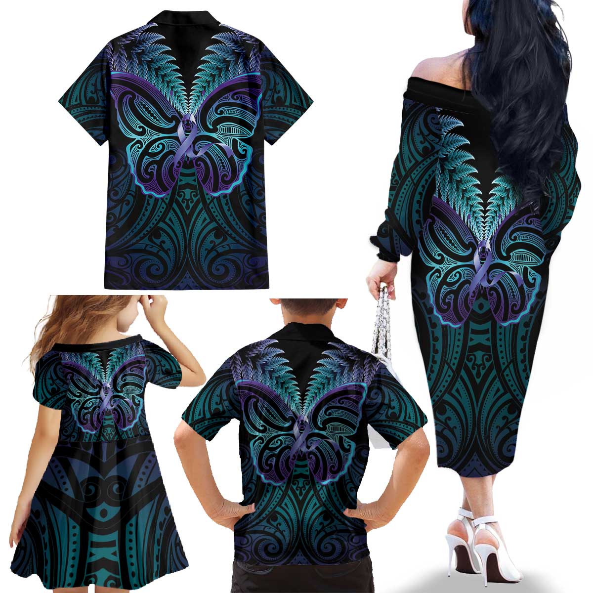 Suicide Prevention New Zealand Family Matching Off The Shoulder Long Sleeve Dress and Hawaiian Shirt Aotearoa Maori Butterfly Mix Silver Fern - Aussie Hoodie