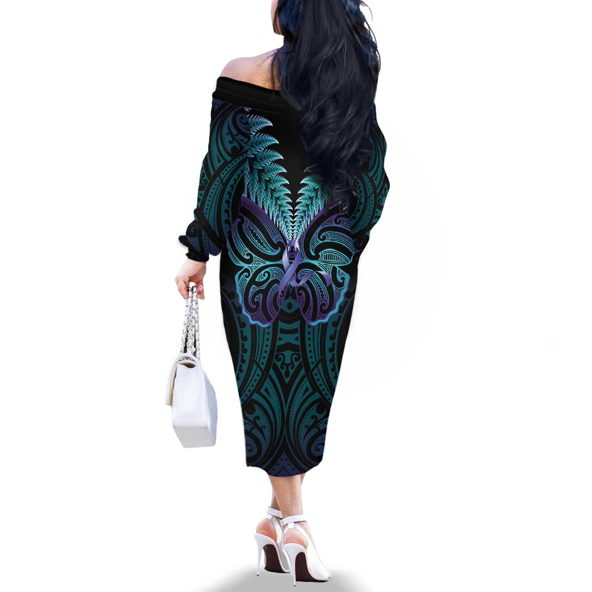 Suicide Prevention New Zealand Family Matching Off The Shoulder Long Sleeve Dress and Hawaiian Shirt Aotearoa Maori Butterfly Mix Silver Fern - Aussie Hoodie