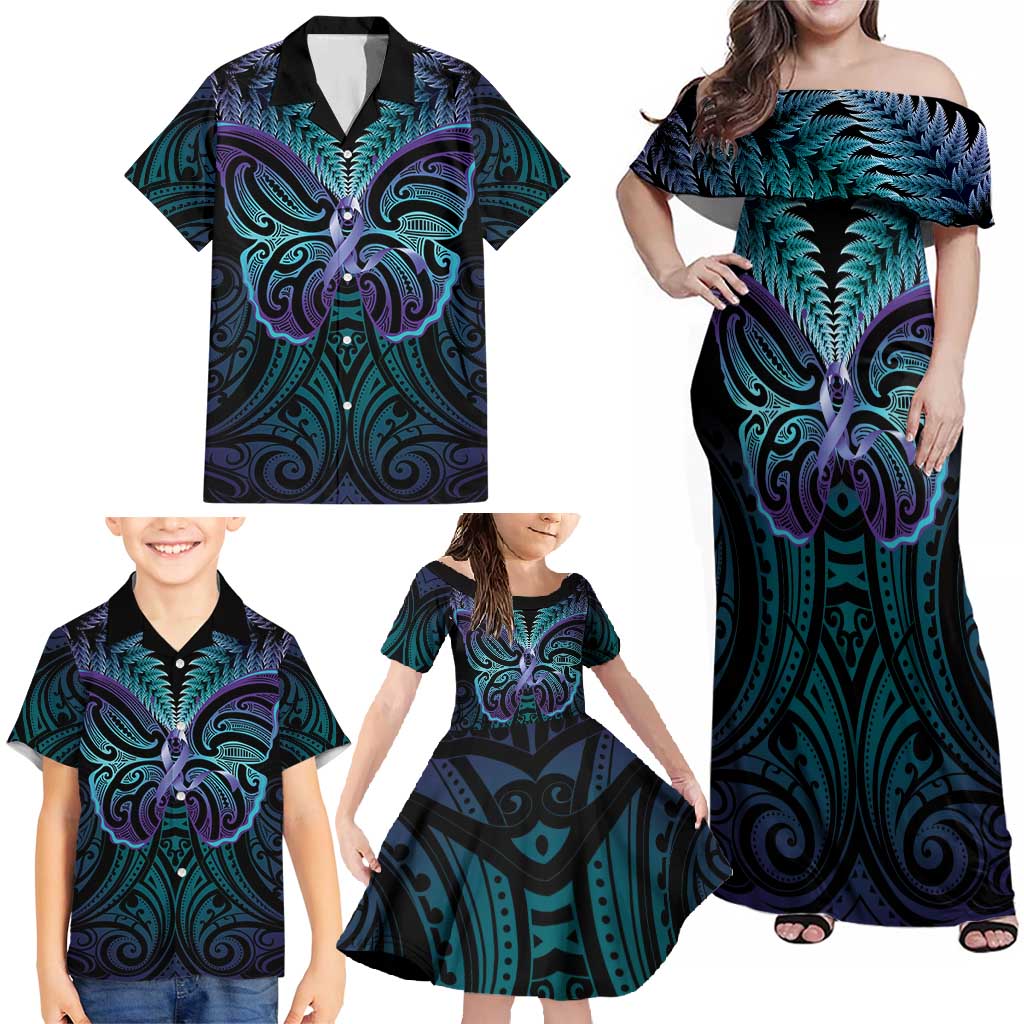 Suicide Prevention New Zealand Family Matching Off Shoulder Maxi Dress and Hawaiian Shirt Aotearoa Maori Butterfly Mix Silver Fern - Aussie Hoodie