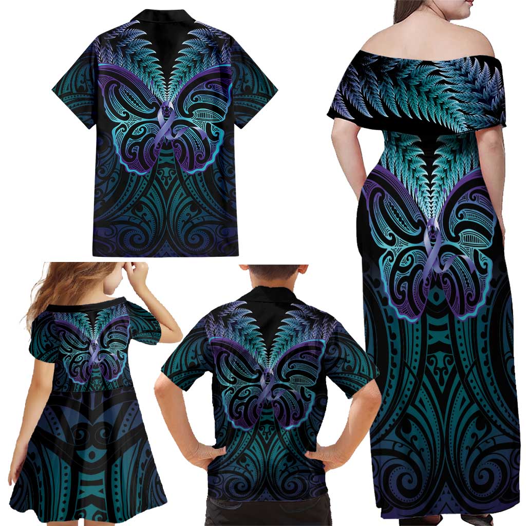 Suicide Prevention New Zealand Family Matching Off Shoulder Maxi Dress and Hawaiian Shirt Aotearoa Maori Butterfly Mix Silver Fern - Aussie Hoodie