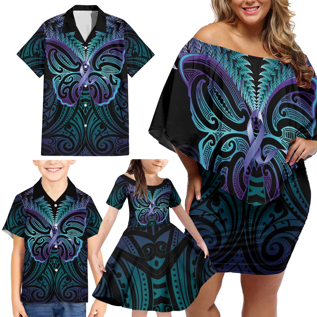 Suicide Prevention New Zealand Family Matching Off Shoulder Short Dress and Hawaiian Shirt Aotearoa Maori Butterfly Mix Silver Fern - Aussie Hoodie