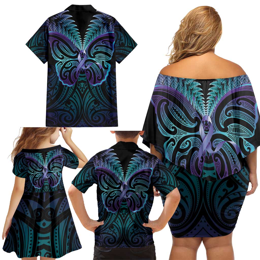Suicide Prevention New Zealand Family Matching Off Shoulder Short Dress and Hawaiian Shirt Aotearoa Maori Butterfly Mix Silver Fern - Aussie Hoodie