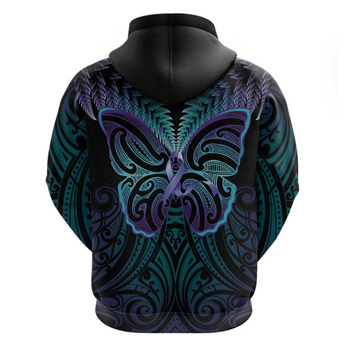 Suicide Prevention New Zealand Hoodie Aotearoa Maori Butterfly Mix Silver Fern - Aussie Hoodie