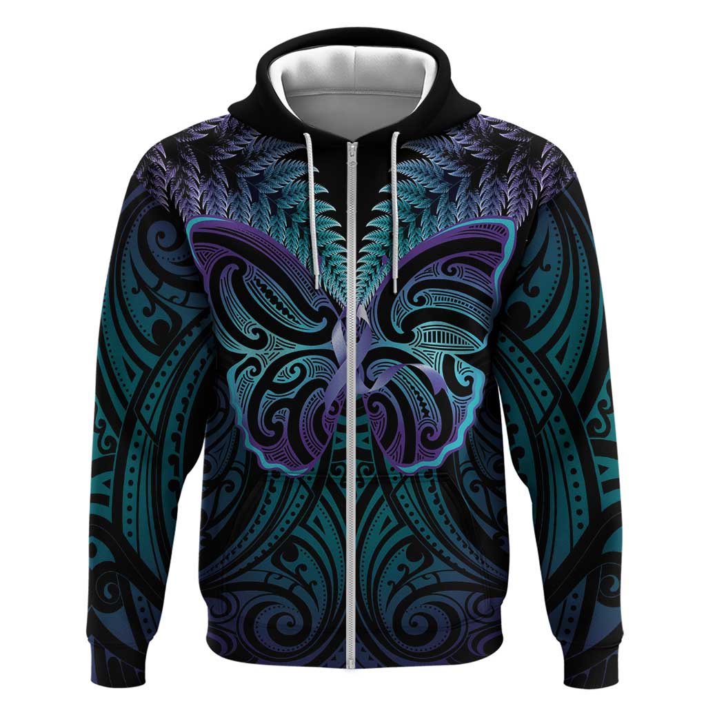 Suicide Prevention New Zealand Hoodie Aotearoa Maori Butterfly Mix Silver Fern - Aussie Hoodie