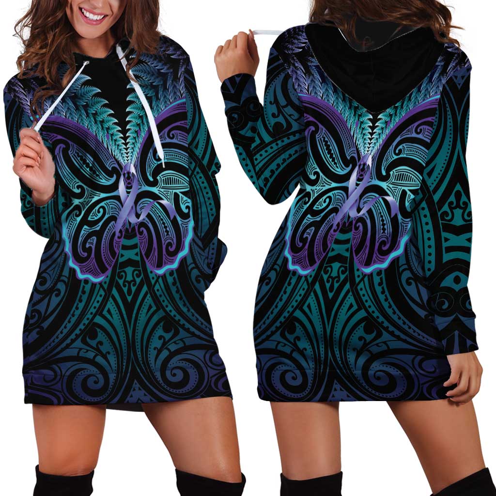 Suicide Prevention New Zealand Hoodie Dress Aotearoa Maori Butterfly Mix Silver Fern - Aussie Hoodie