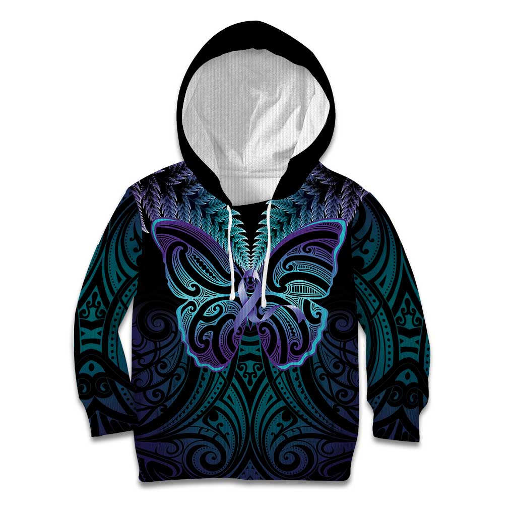 Suicide Prevention New Zealand Kid Hoodie Aotearoa Maori Butterfly Mix Silver Fern - Aussie Hoodie