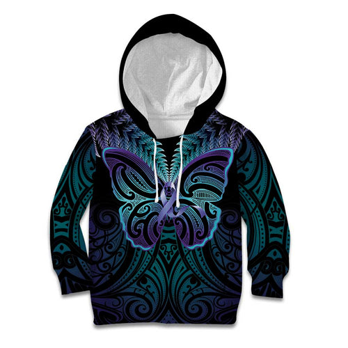 Suicide Prevention New Zealand Kid Hoodie Aotearoa Maori Butterfly Mix Silver Fern - Aussie Hoodie