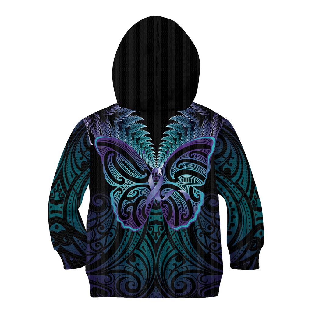 Suicide Prevention New Zealand Kid Hoodie Aotearoa Maori Butterfly Mix Silver Fern - Aussie Hoodie