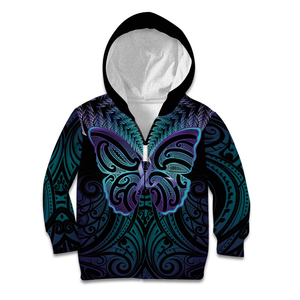 Suicide Prevention New Zealand Kid Hoodie Aotearoa Maori Butterfly Mix Silver Fern - Aussie Hoodie