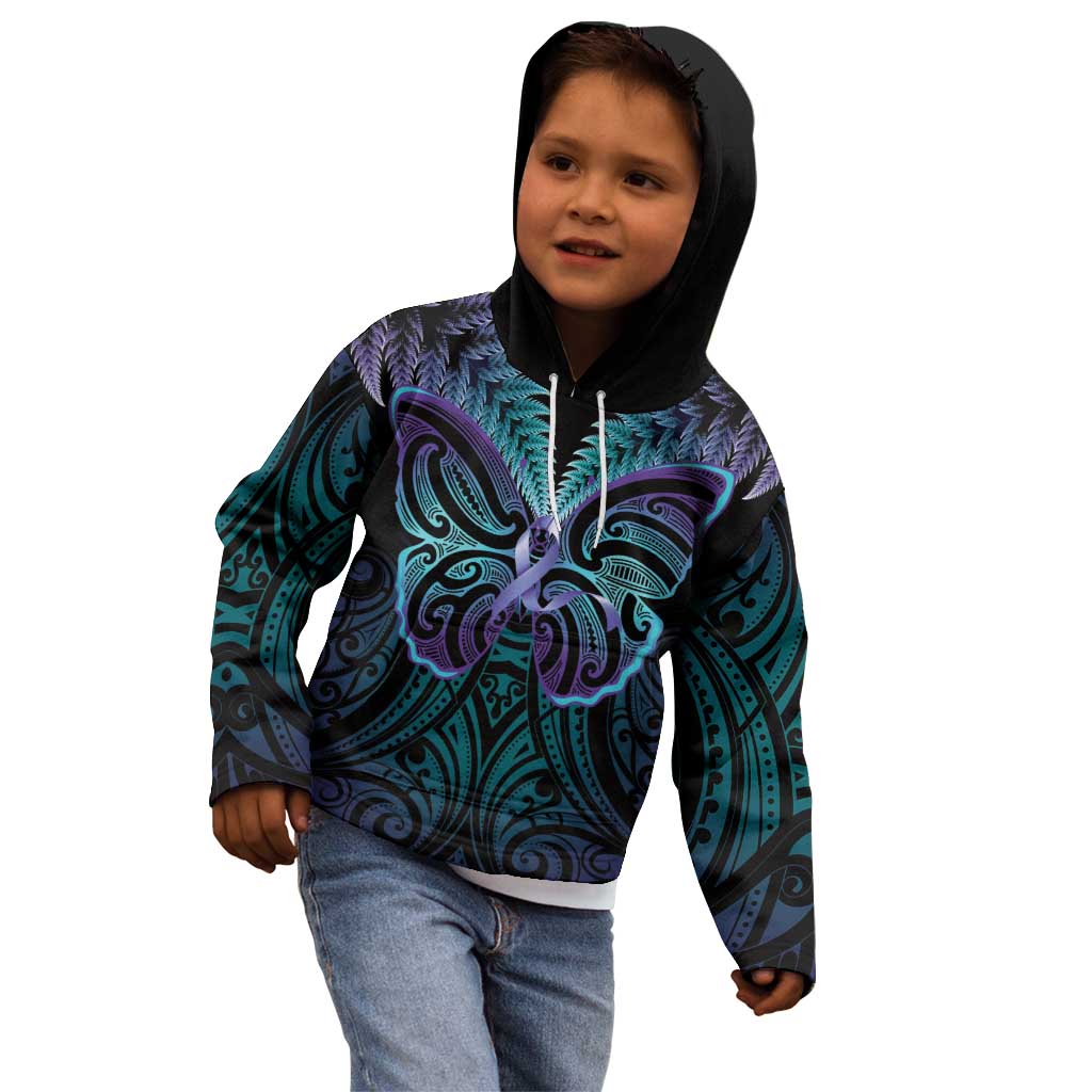 Suicide Prevention New Zealand Kid Hoodie Aotearoa Maori Butterfly Mix Silver Fern - Aussie Hoodie