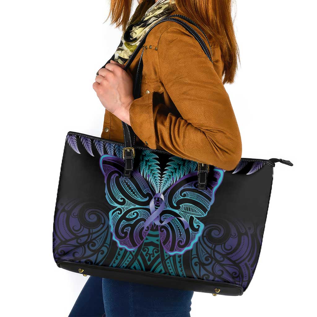 Suicide Prevention New Zealand Leather Tote Bag Aotearoa Maori Butterfly Mix Silver Fern - Aussie Hoodie
