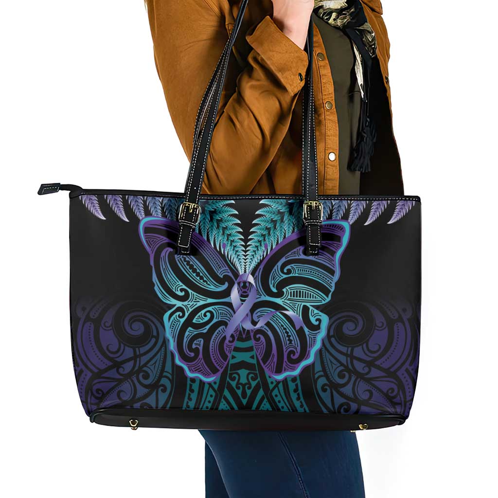 Suicide Prevention New Zealand Leather Tote Bag Aotearoa Maori Butterfly Mix Silver Fern - Aussie Hoodie