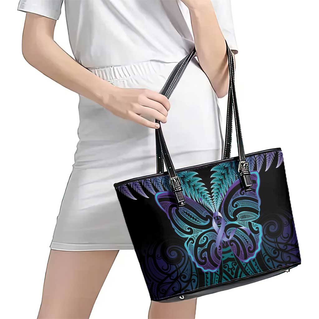 Suicide Prevention New Zealand Leather Tote Bag Aotearoa Maori Butterfly Mix Silver Fern - Aussie Hoodie