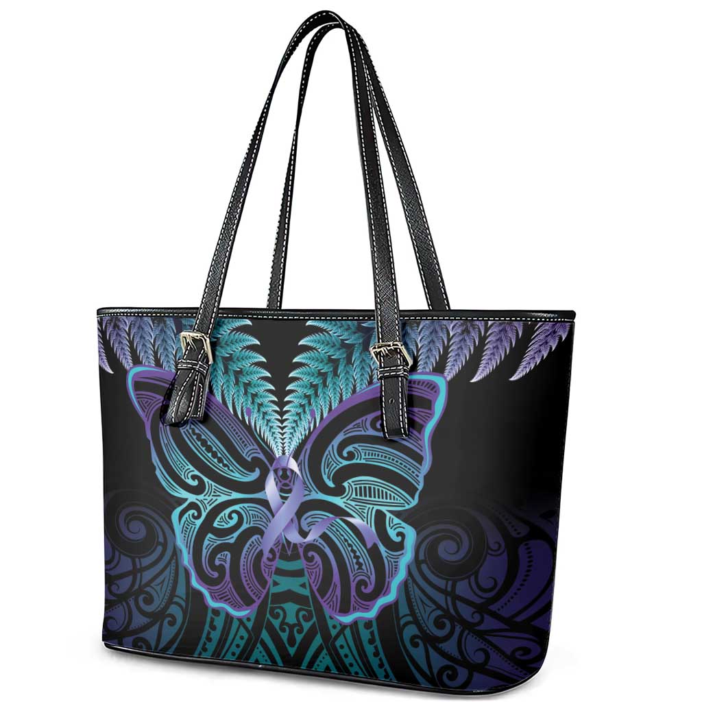 Suicide Prevention New Zealand Leather Tote Bag Aotearoa Maori Butterfly Mix Silver Fern - Aussie Hoodie