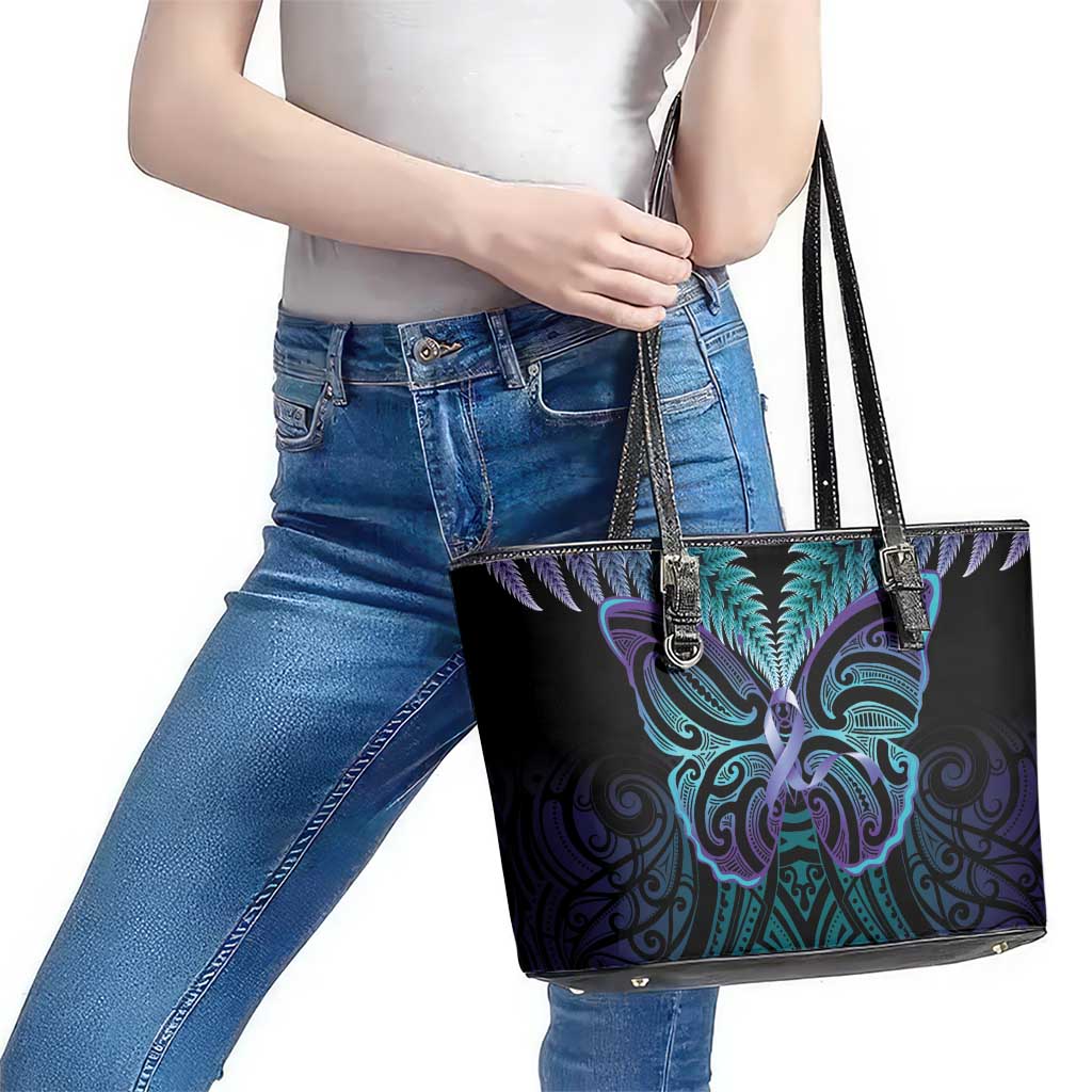 Suicide Prevention New Zealand Leather Tote Bag Aotearoa Maori Butterfly Mix Silver Fern - Aussie Hoodie