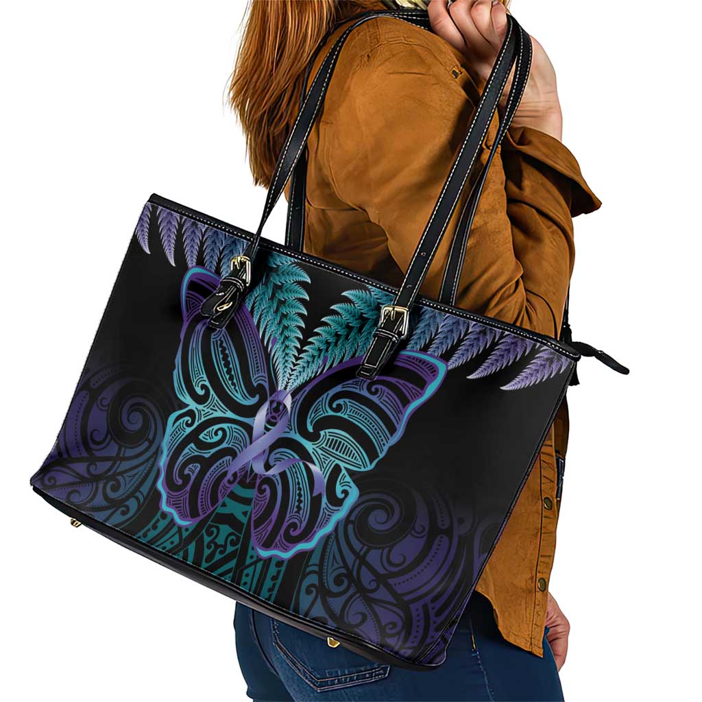 Suicide Prevention New Zealand Leather Tote Bag Aotearoa Maori Butterfly Mix Silver Fern - Aussie Hoodie