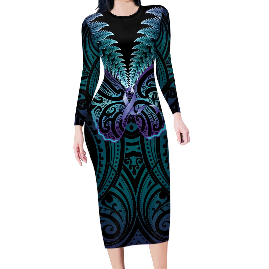 Suicide Prevention New Zealand Long Sleeve Bodycon Dress Aotearoa Maori Butterfly Mix Silver Fern - Aussie Hoodie