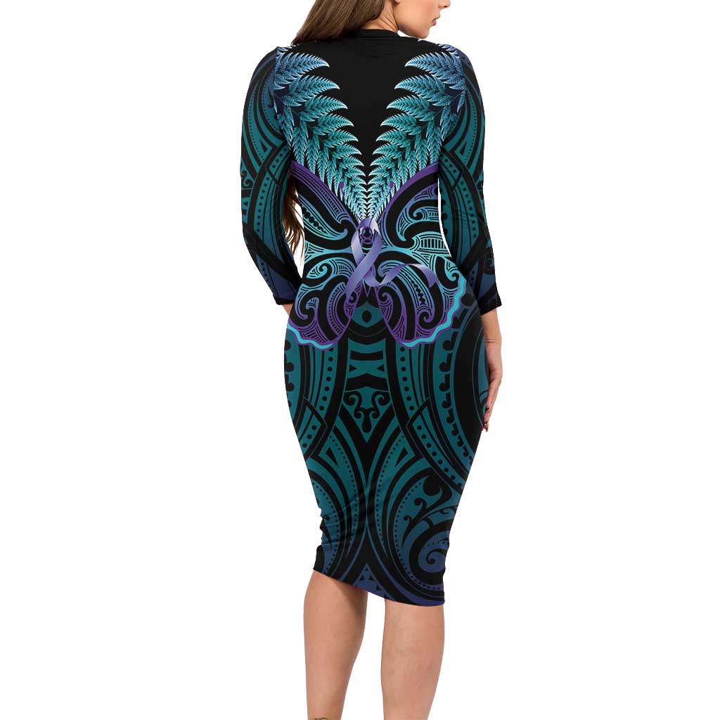 Suicide Prevention New Zealand Long Sleeve Bodycon Dress Aotearoa Maori Butterfly Mix Silver Fern - Aussie Hoodie