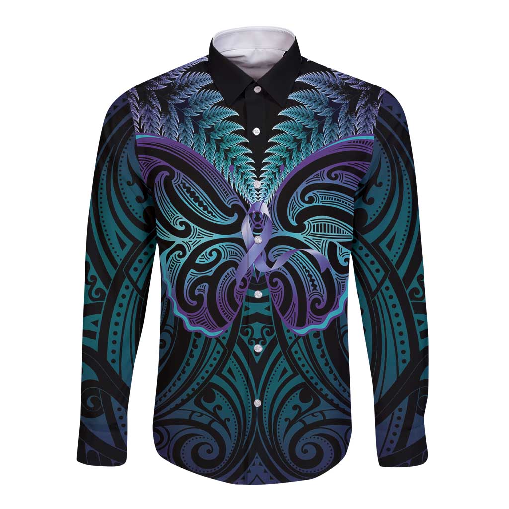 Suicide Prevention New Zealand Long Sleeve Button Shirt Aotearoa Maori Butterfly Mix Silver Fern - Aussie Hoodie