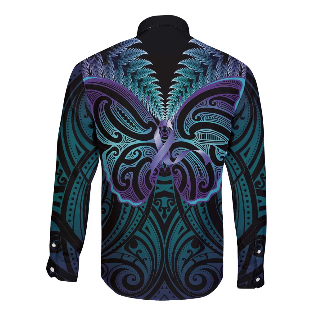 Suicide Prevention New Zealand Long Sleeve Button Shirt Aotearoa Maori Butterfly Mix Silver Fern - Aussie Hoodie