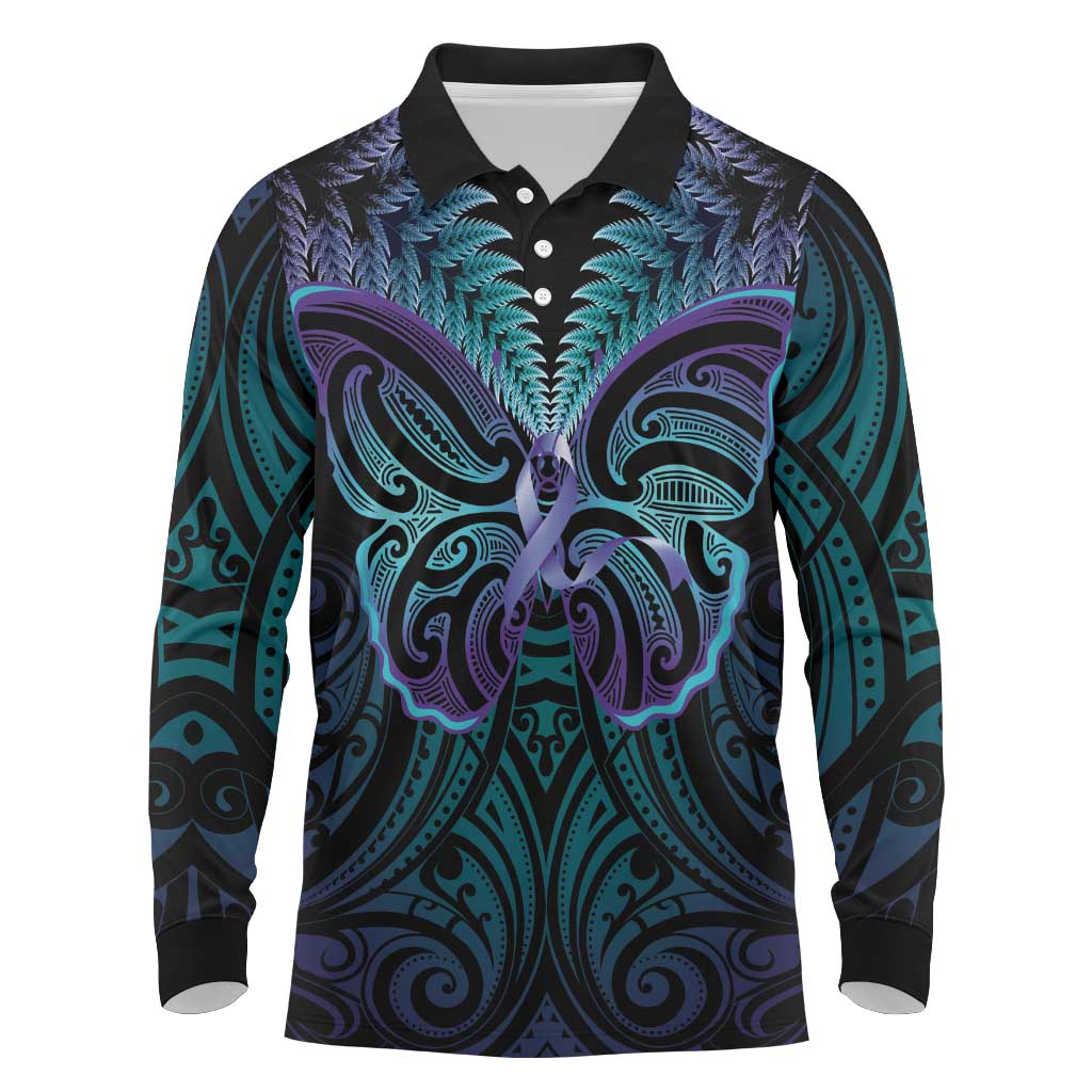 Suicide Prevention New Zealand Long Sleeve Polo Shirt Aotearoa Maori Butterfly Mix Silver Fern - Aussie Hoodie