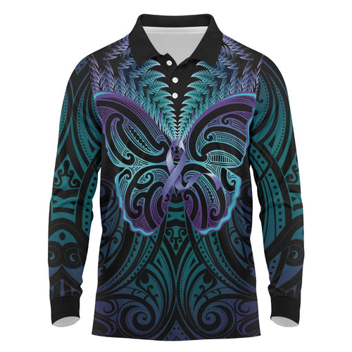 Suicide Prevention New Zealand Long Sleeve Polo Shirt Aotearoa Maori Butterfly Mix Silver Fern - Aussie Hoodie