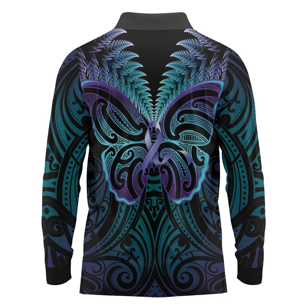 Suicide Prevention New Zealand Long Sleeve Polo Shirt Aotearoa Maori Butterfly Mix Silver Fern - Aussie Hoodie