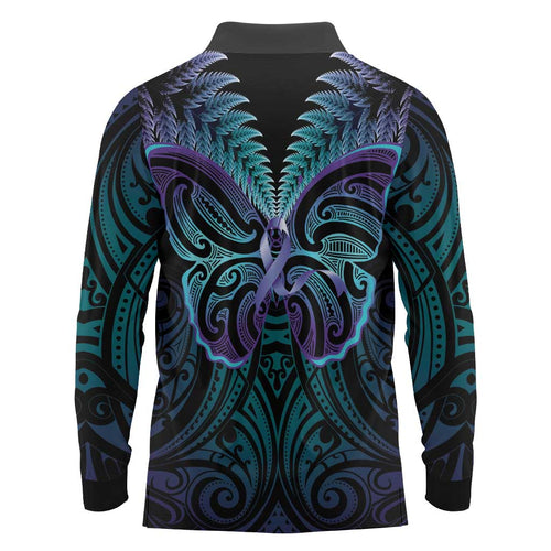 Suicide Prevention New Zealand Long Sleeve Polo Shirt Aotearoa Maori Butterfly Mix Silver Fern - Aussie Hoodie