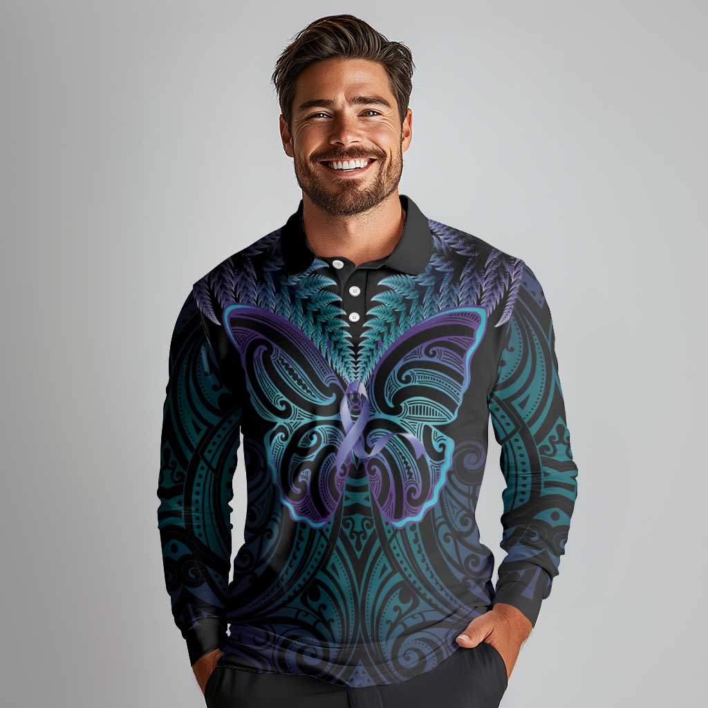 Suicide Prevention New Zealand Long Sleeve Polo Shirt Aotearoa Maori Butterfly Mix Silver Fern - Aussie Hoodie