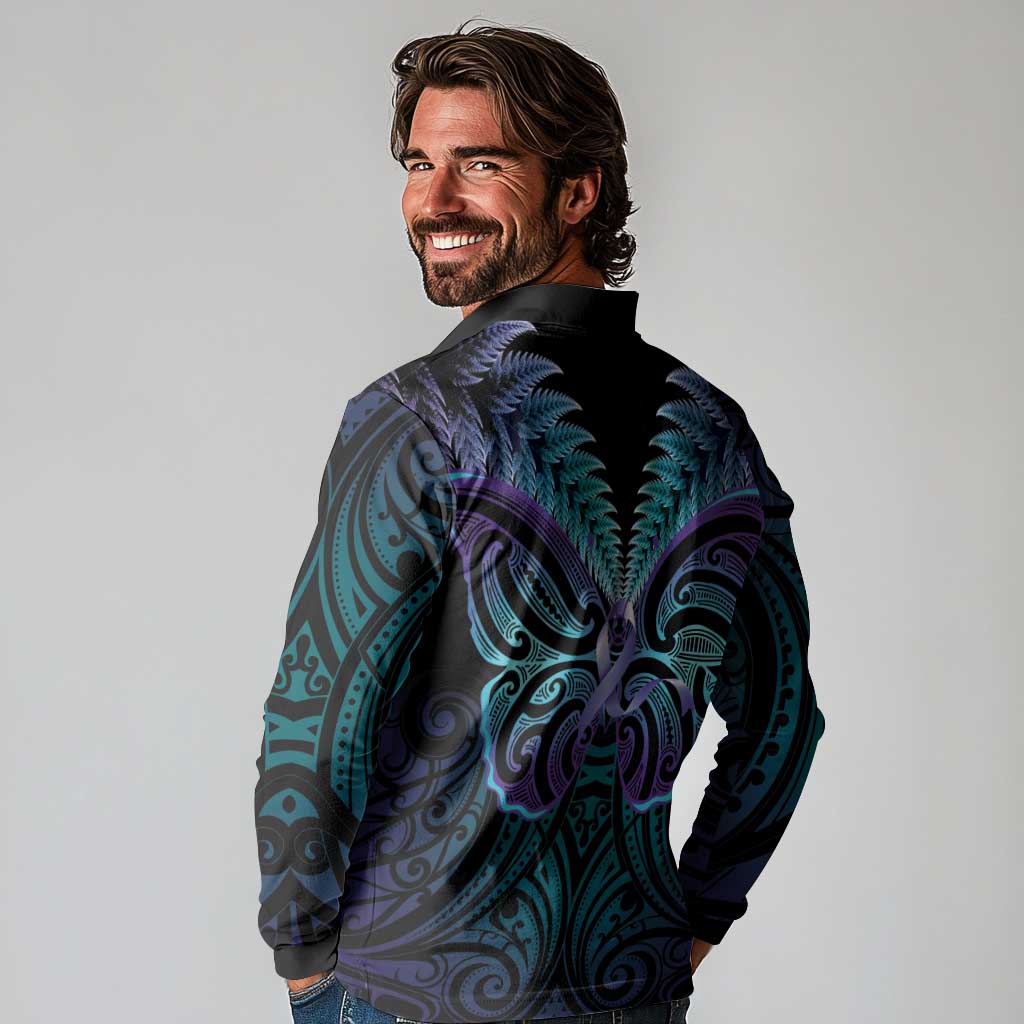 Suicide Prevention New Zealand Long Sleeve Polo Shirt Aotearoa Maori Butterfly Mix Silver Fern - Aussie Hoodie