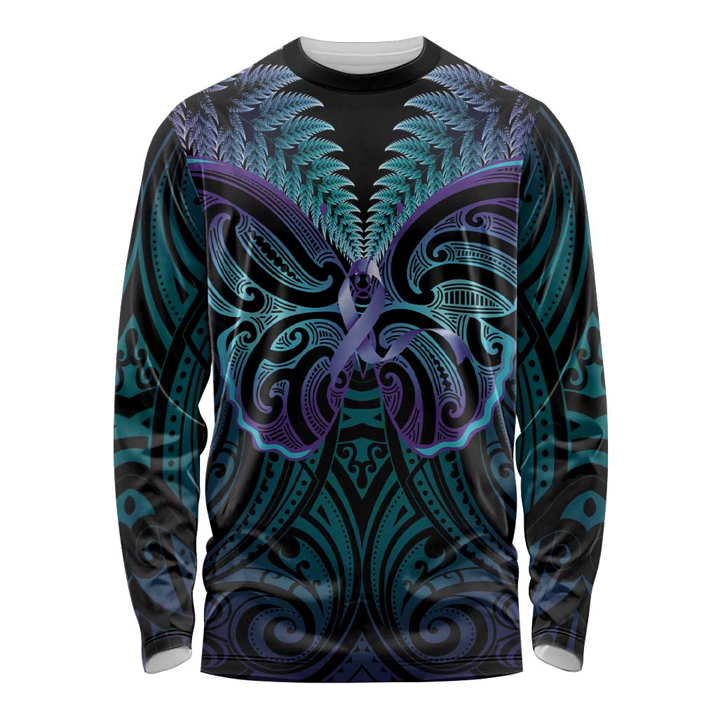 Suicide Prevention New Zealand Long Sleeve Shirt Aotearoa Maori Butterfly Mix Silver Fern - Aussie Hoodie