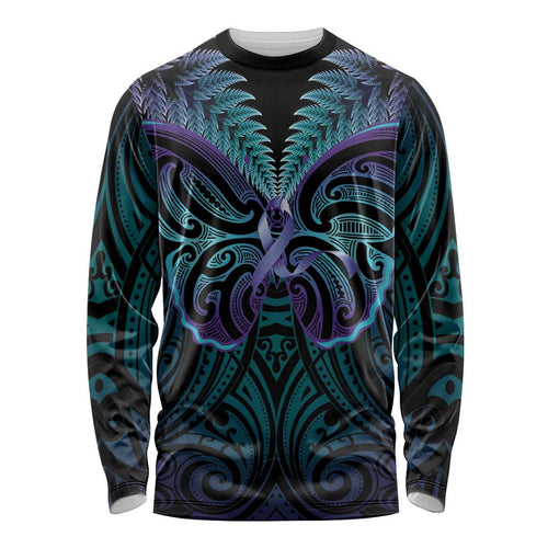 Suicide Prevention New Zealand Long Sleeve Shirt Aotearoa Maori Butterfly Mix Silver Fern - Aussie Hoodie