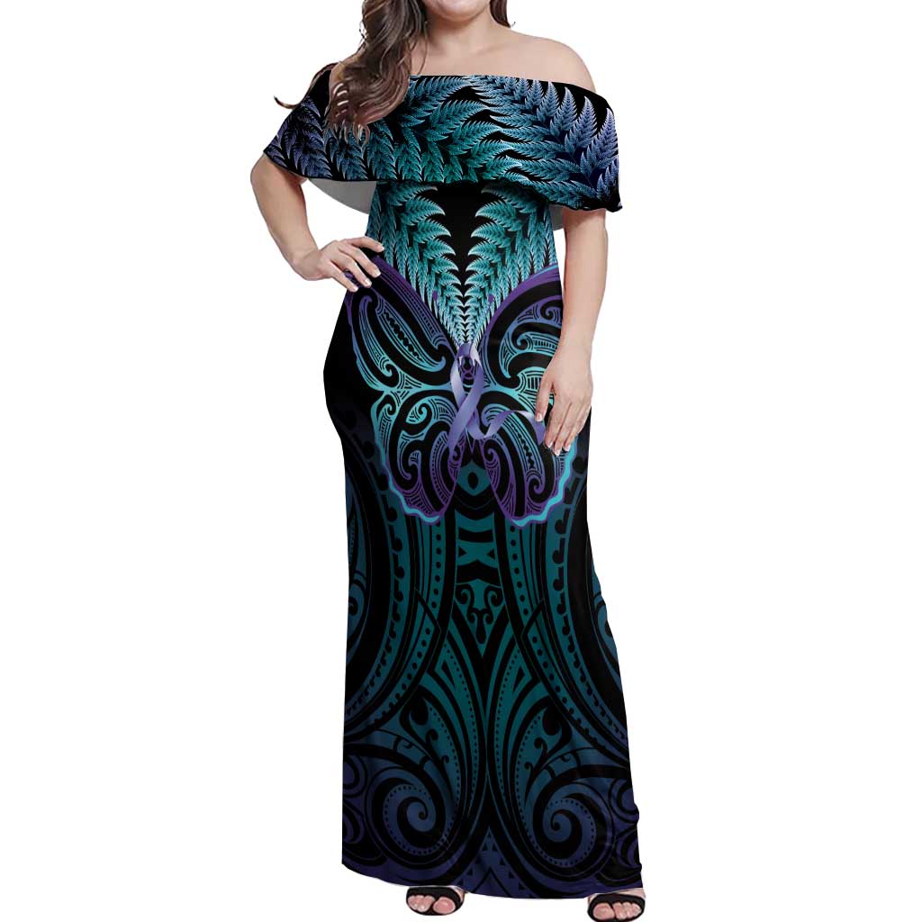Suicide Prevention New Zealand Off Shoulder Maxi Dress Aotearoa Maori Butterfly Mix Silver Fern - Aussie Hoodie