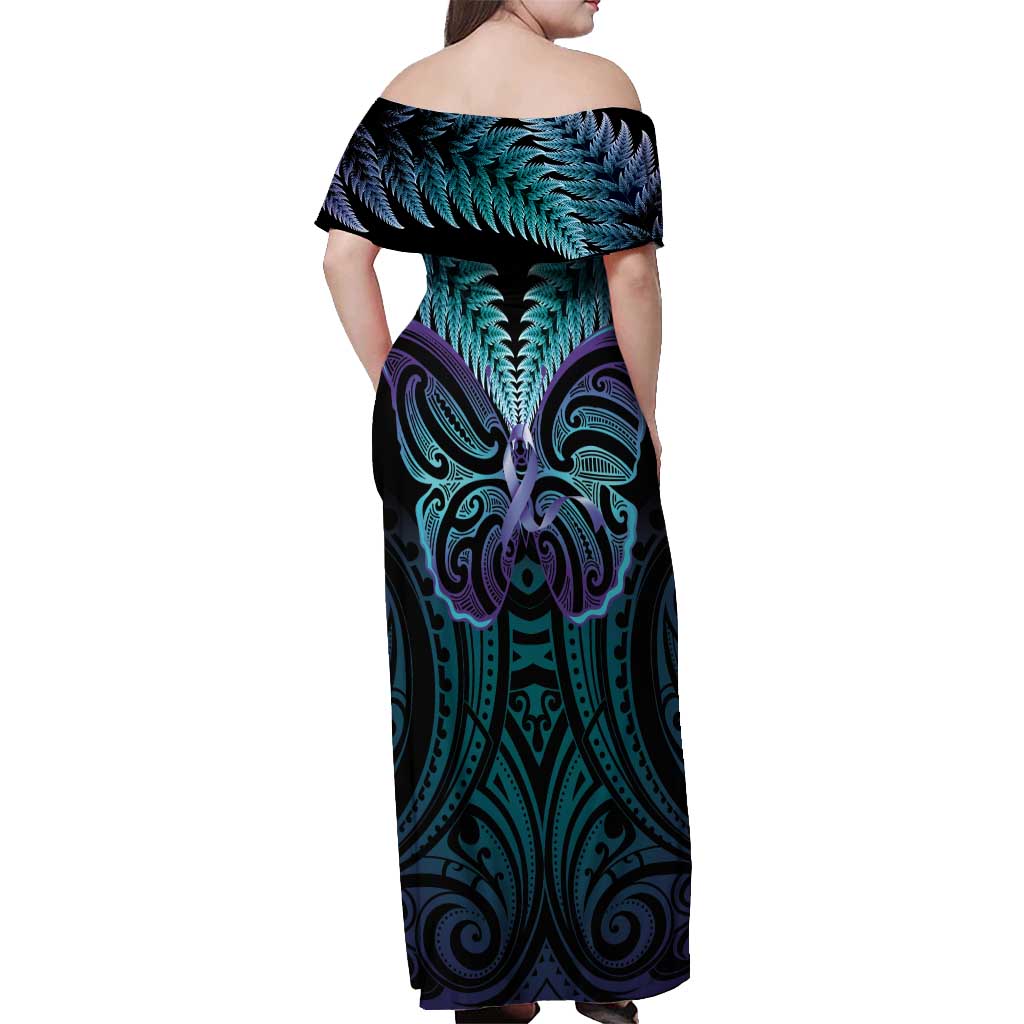 Suicide Prevention New Zealand Off Shoulder Maxi Dress Aotearoa Maori Butterfly Mix Silver Fern - Aussie Hoodie