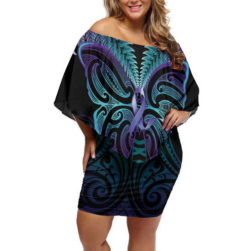 Suicide Prevention New Zealand Off Shoulder Short Dress Aotearoa Maori Butterfly Mix Silver Fern - Aussie Hoodie