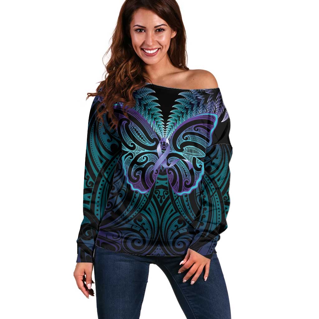 Suicide Prevention New Zealand Off Shoulder Sweater Aotearoa Maori Butterfly Mix Silver Fern - Aussie Hoodie