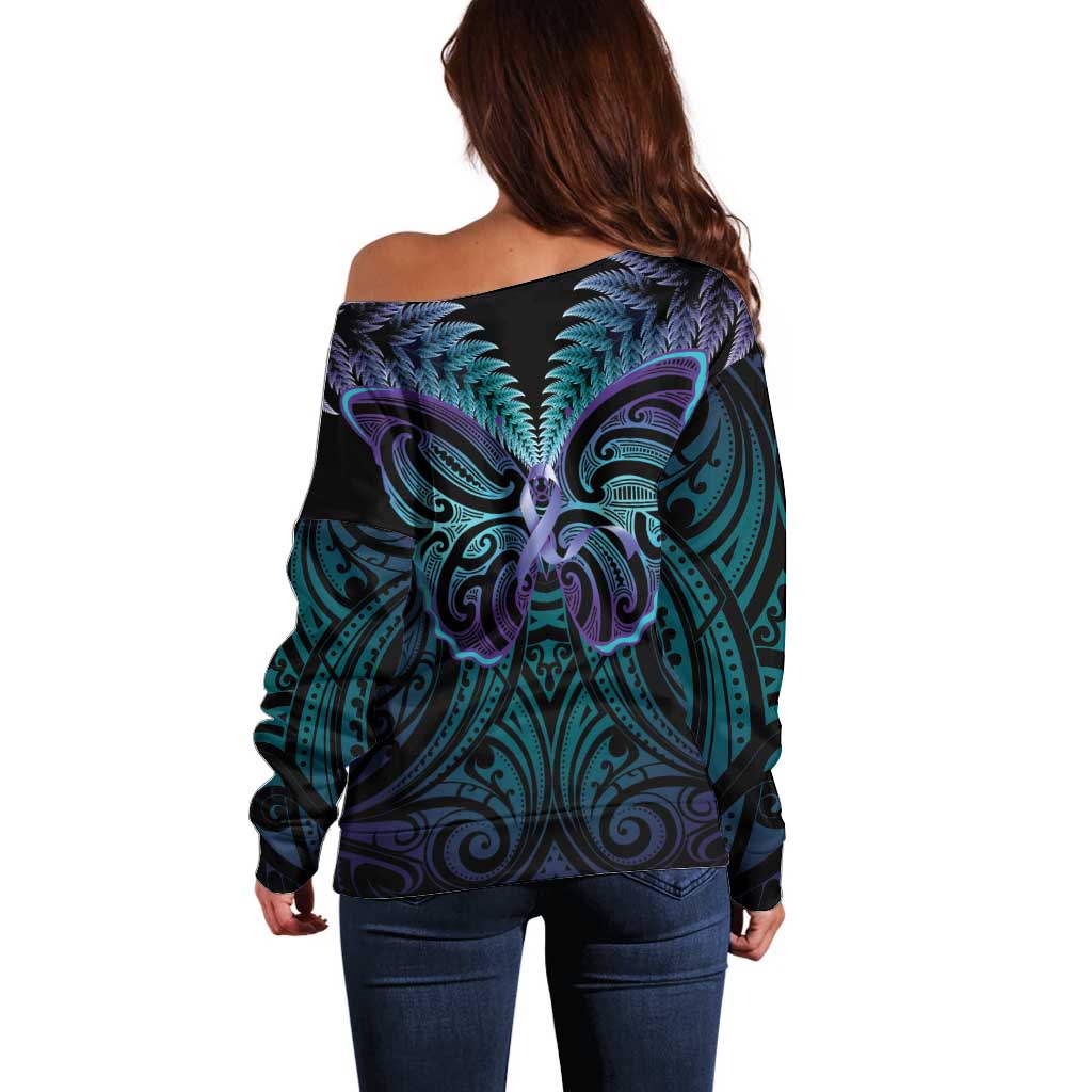 Suicide Prevention New Zealand Off Shoulder Sweater Aotearoa Maori Butterfly Mix Silver Fern - Aussie Hoodie