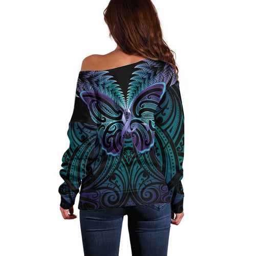 Suicide Prevention New Zealand Off Shoulder Sweater Aotearoa Maori Butterfly Mix Silver Fern - Aussie Hoodie