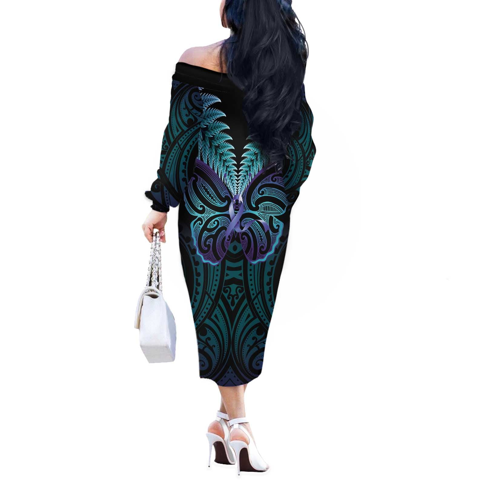 Suicide Prevention New Zealand Off The Shoulder Long Sleeve Dress Aotearoa Maori Butterfly Mix Silver Fern - Aussie Hoodie