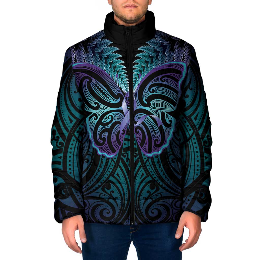Suicide Prevention New Zealand Padded Jacket Aotearoa Maori Butterfly Mix Silver Fern - Aussie Hoodie