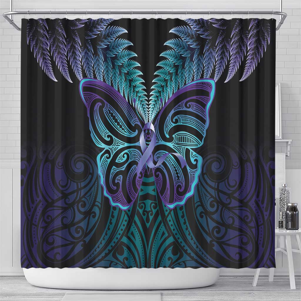Suicide Prevention New Zealand Shower Curtain Aotearoa Maori Butterfly Mix Silver Fern - Aussie Hoodie