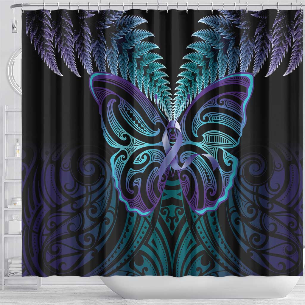 Suicide Prevention New Zealand Shower Curtain Aotearoa Maori Butterfly Mix Silver Fern - Aussie Hoodie