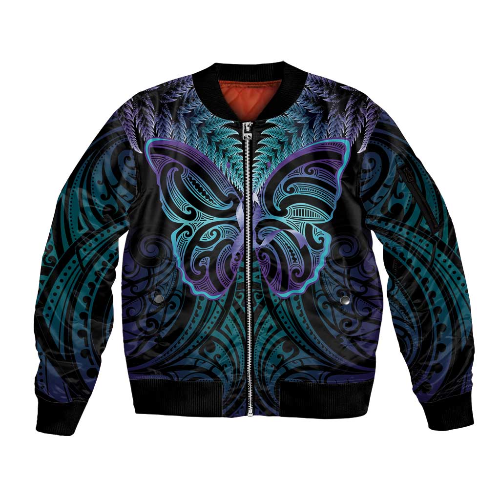 Suicide Prevention New Zealand Sleeve Zip Bomber Jacket Aotearoa Maori Butterfly Mix Silver Fern - Aussie Hoodie