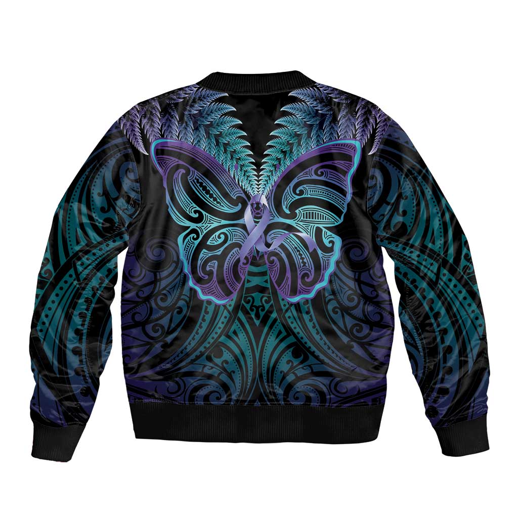 Suicide Prevention New Zealand Sleeve Zip Bomber Jacket Aotearoa Maori Butterfly Mix Silver Fern - Aussie Hoodie