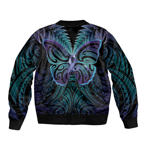 Suicide Prevention New Zealand Sleeve Zip Bomber Jacket Aotearoa Maori Butterfly Mix Silver Fern - Aussie Hoodie