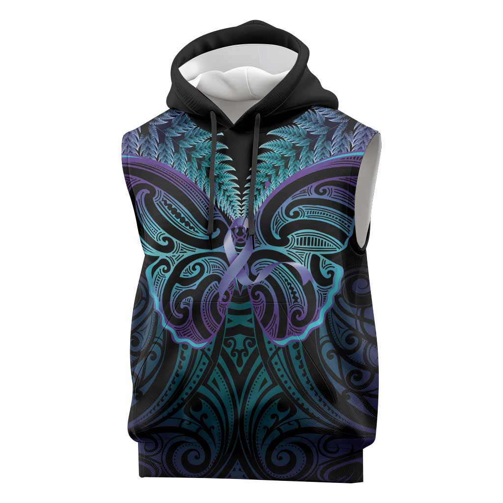 Suicide Prevention New Zealand Sleeveless Hoodie Aotearoa Maori Butterfly Mix Silver Fern - Aussie Hoodie