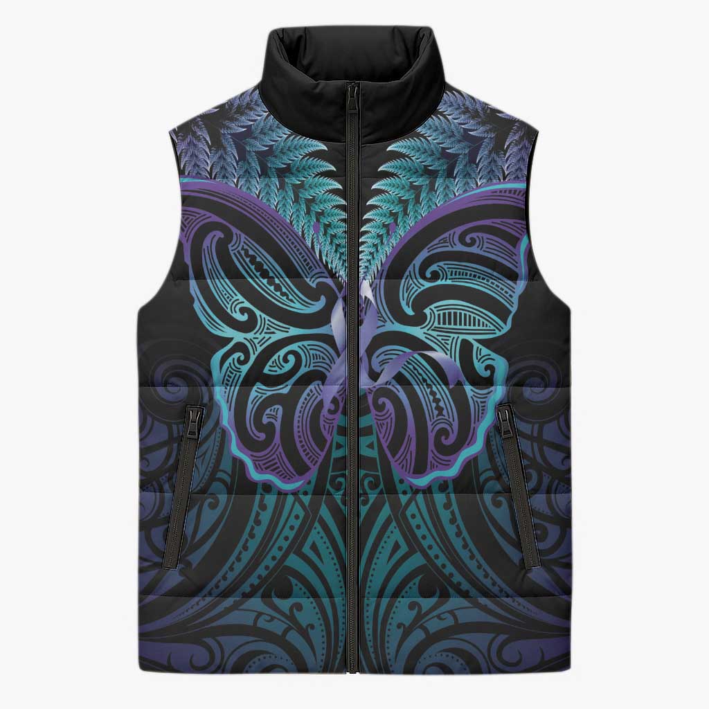 Suicide Prevention New Zealand Sleeveless Puffer Jacket Aotearoa Maori Butterfly Mix Silver Fern - Aussie Hoodie