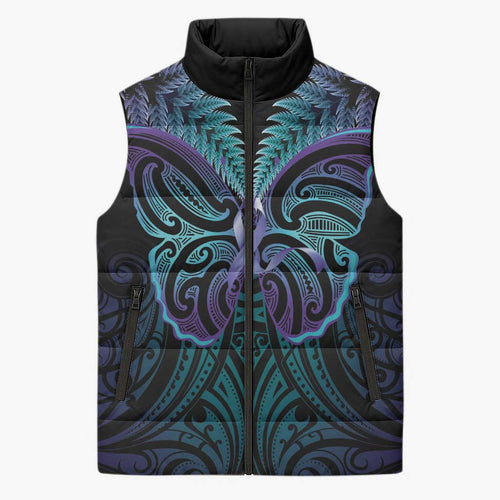 Suicide Prevention New Zealand Sleeveless Puffer Jacket Aotearoa Maori Butterfly Mix Silver Fern - Aussie Hoodie