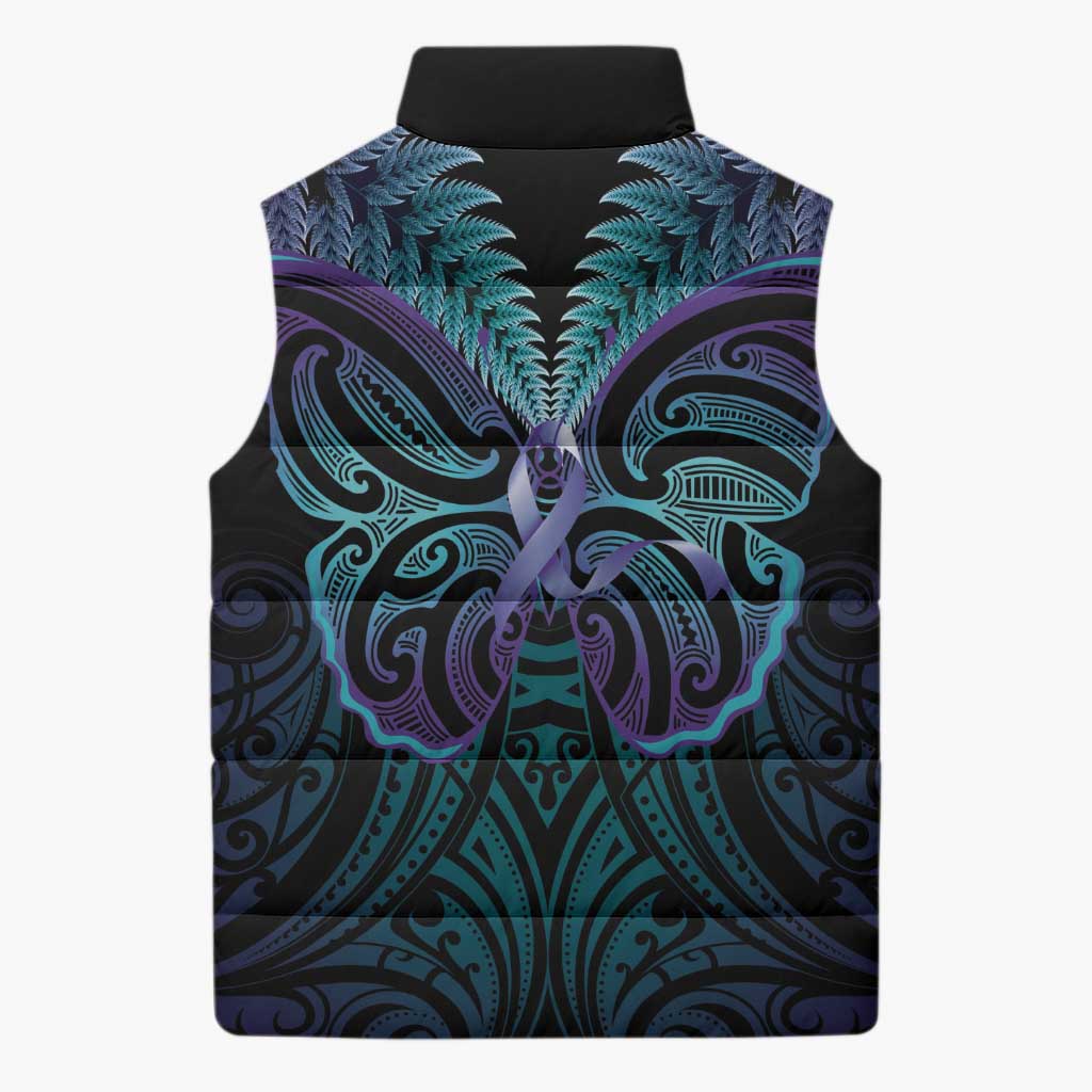 Suicide Prevention New Zealand Sleeveless Puffer Jacket Aotearoa Maori Butterfly Mix Silver Fern - Aussie Hoodie