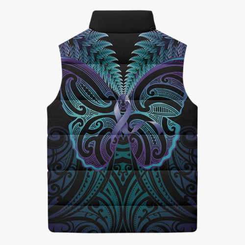 Suicide Prevention New Zealand Sleeveless Puffer Jacket Aotearoa Maori Butterfly Mix Silver Fern - Aussie Hoodie